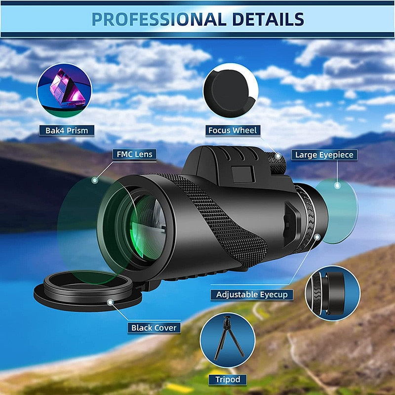 80X100 Hd Monocular Telescope 8000M Long Range Zoom Bak4 Prism Telescope with/without Tripod Phone Clip Hunting Outdoor Camping